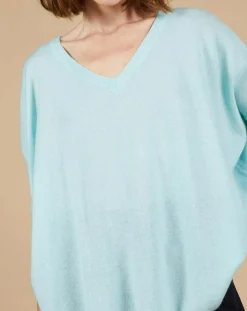 Femme Cashmere Tribu Pull poncho 100% Cachemire Kelly col V manches courtes bleu océan