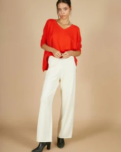 Femme Cashmere Tribu Pull poncho 100% Cachemire Kelly col V manches courtes orange