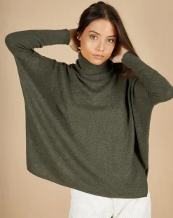 Femme Cashmere Tribu Pull poncho 100% Cachemire Lola col roulé kaki grisé