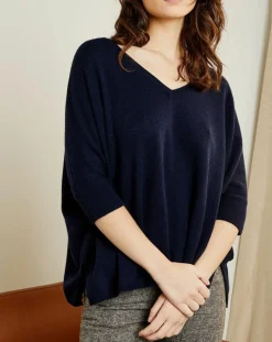 Femme Miss Cashmere Pull poncho 100% Cachemire Marilyn Col V bleu profond