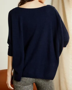 Femme Miss Cashmere Pull poncho 100% Cachemire Marilyn Col V bleu profond