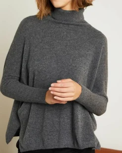 Hot Miss Cashmere Pull poncho 100% Cachemire Olivia Col roulé gris chiné foncé