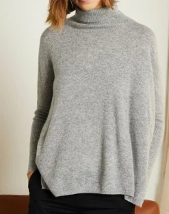 Femme Miss Cashmere Pull poncho 100% Cachemire Olivia Col roulé gris chiné clair