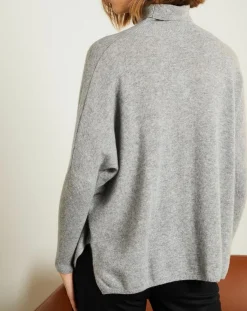 Femme Miss Cashmere Pull poncho 100% Cachemire Olivia Col roulé gris chiné clair