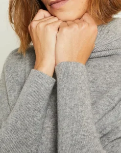Femme Miss Cashmere Pull poncho 100% Cachemire Olivia Col roulé gris chiné clair