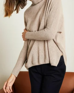 Femme Miss Cashmere Pull poncho 100% Cachemire Olivia Col roulé taupe chiné