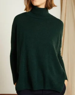 Femme Miss Cashmere Pull poncho 100% Cachemire Olivia Col roulé vert forêt