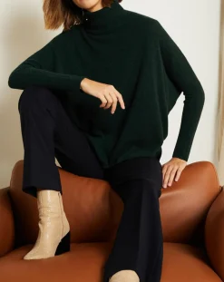 Femme Miss Cashmere Pull poncho 100% Cachemire Olivia Col roulé vert forêt