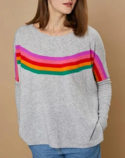 Femme Cashmere Tribu Pull poncho 100% Cachemire Rocky col rond à bandes gris chiné clair