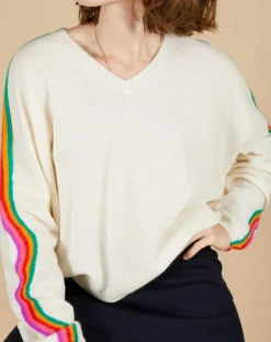 Sale Cashmere Tribu Pull poncho 100% Cachemire Wimbow col V à bandes manches blanc cassé