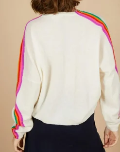 Sale Cashmere Tribu Pull poncho 100% Cachemire Wimbow col V à bandes manches blanc cassé