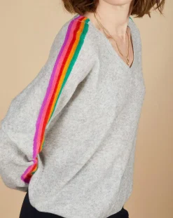 Femme Cashmere Tribu Pull poncho 100% Cachemire Wimbow col V à bandes manches gris chiné clair
