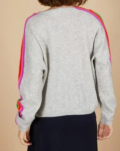 Femme Cashmere Tribu Pull poncho 100% Cachemire Wimbow col V à bandes manches gris chiné clair