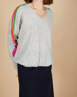 Femme Cashmere Tribu Pull poncho 100% Cachemire Wimbow col V à bandes manches gris chiné clair