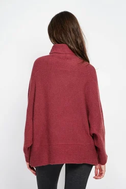 Femme Assuili Pull poncho col roulé bordeaux