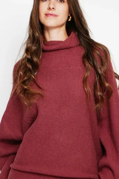 Femme Assuili Pull poncho col roulé bordeaux