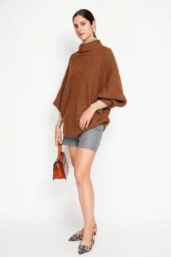Femme Assuili Pull poncho col roulé marron
