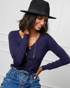 Femme Soft Cashmere Pull Romane à Col V marine