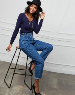 Femme Soft Cashmere Pull Romane à Col V marine