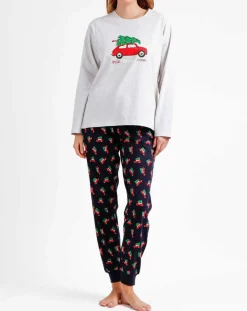 Femme Admas Pyjama Haut à manches longues & Pantalon Leila gris/bleu marine