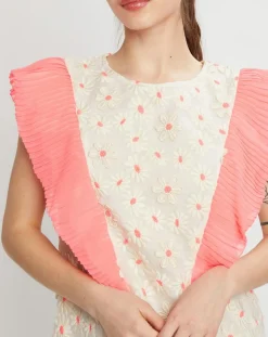 Manoush Robe brodée Daisy écru/rose fluo