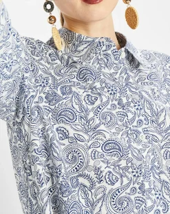 Femme Marc O'Polo Robe chemise à volant imprimée bleu/blanc