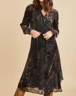 Discount Lauren Vidal Robe en Soie mélangée Opium motifs velours prune