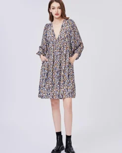 Femme See u Soon Robe Esmée satinée imprimée beige/bleu