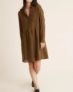 Outlet Cyrillus Robe Etamine Laine mélangée à carreaux vert moyen/camel