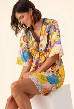 Femme Bleu Blanc Rouge Robe Iris jaune