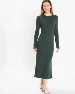 Femme Marc O'Polo Robe manches longues Col Rond Maille Milano vert foncé