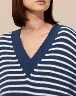 Femme Galeries Lafayette Robe pull marinière 100% Cachemire Fabia col V rayures marine/écru/rose