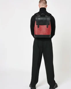 Hot Maison Faret Sac à dos en Toile enduite & Cuir Ferret rouge/noir - 40x29x13 cm