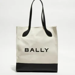 Femme Bally Sac shopping avec logo en Coton & Cuir naturel/noir - 35x40x12 cm