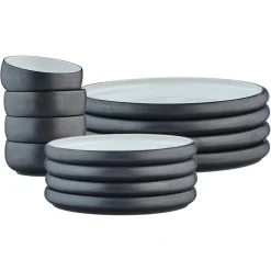 Bjorn Service Les Essentiels en Grès Gourmet blanc granité/noir onyx - 12 pièces