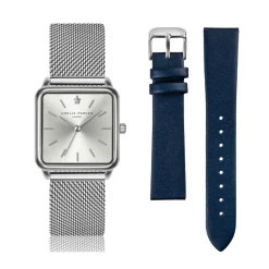 Femme Amelia Parker Set Montre Femme 2 Bracelets Plaza en Acier & Cuir argenté/bleu foncé