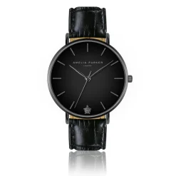 Femme Amelia Parker Set Montre Femme 2 Bracelets Jet Black en Acier & Cuir noir