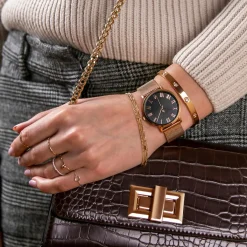 Discount Amelia Parker Set Montre Femme 2 Bracelets Grand en Acier rose doré/noir