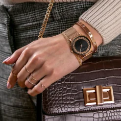 New Amelia Parker Set Montre Femme 2 Bracelets Coral en Acier & Cuir rose doré/noir