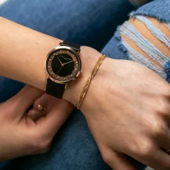 New Amelia Parker Set Montre Femme 2 Bracelets Coral en Acier & Cuir rose doré/noir