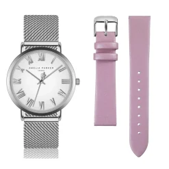 Clearance Amelia Parker Set Montre Femme 2 Bracelets Grand Blanc en Acier & Cuir argenté/rose