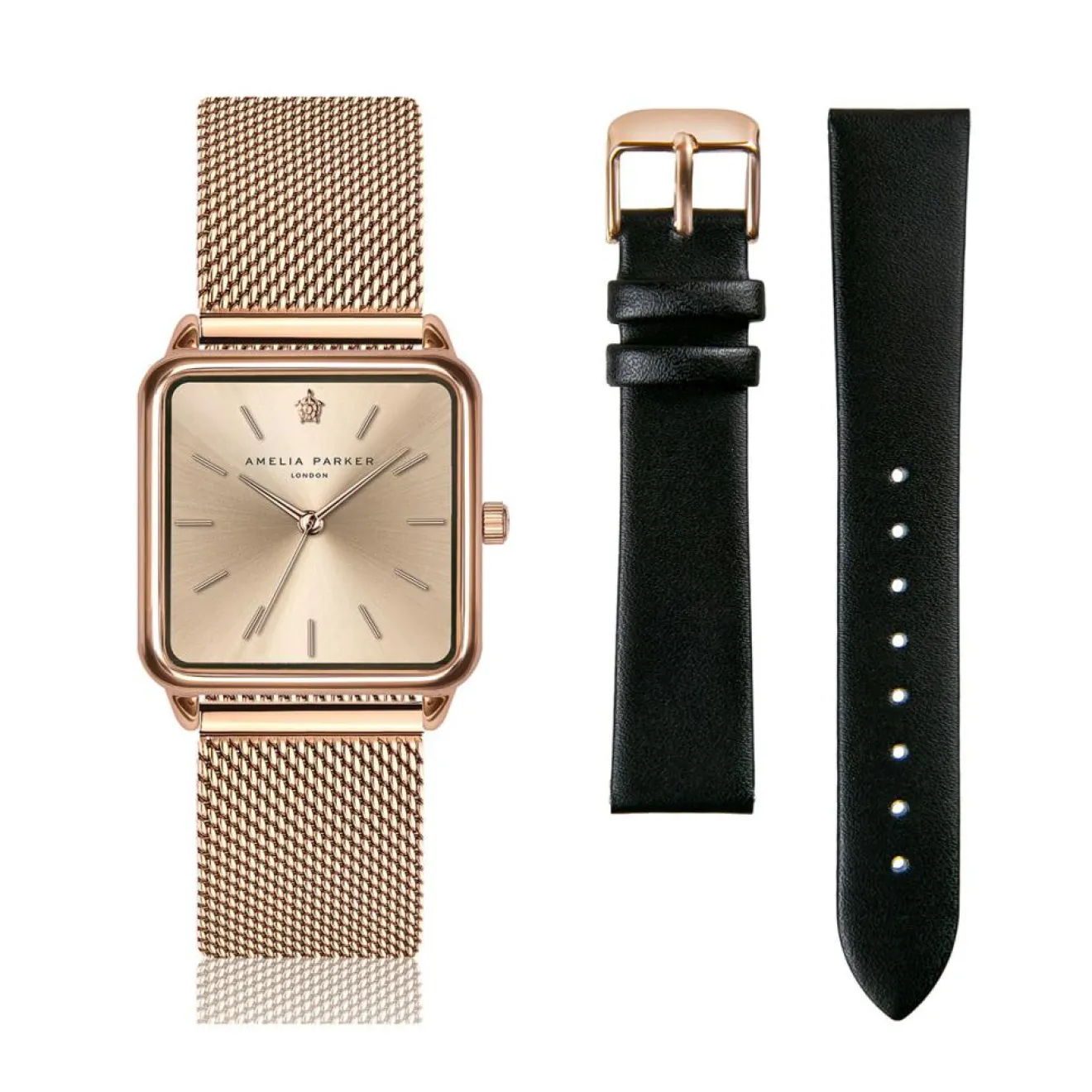 Discount Amelia Parker Set Montre Femme 2 Bracelets Gold Plaza en Acier & Cuir rose doré/noir