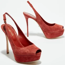 Outlet Sergio Rossi Slingbacks en Velours de Cuir Vit open-toe goyave Talon 12 cm