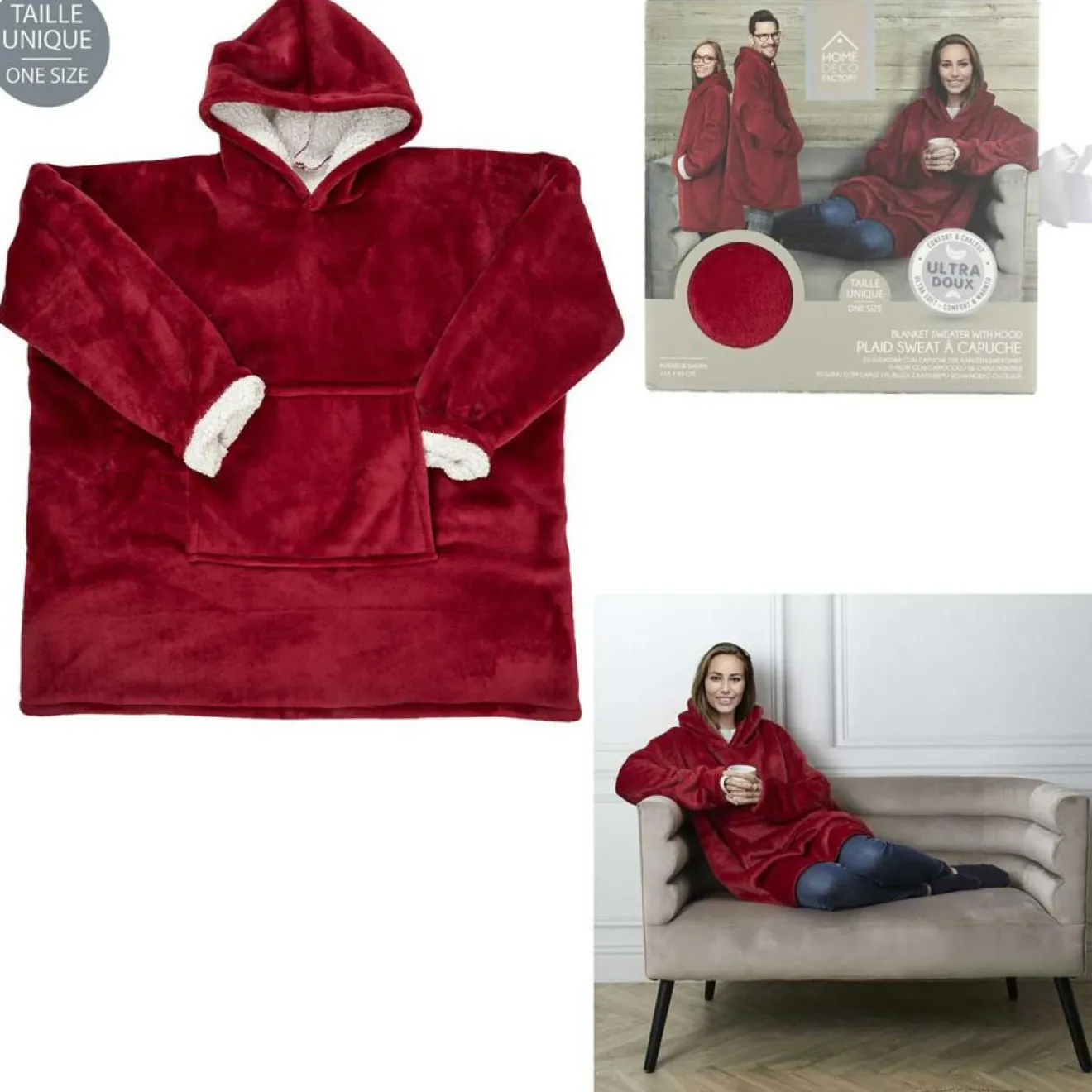 Femme Home Deco Factory Sweat à Capuche Interieur Sherpa rouge - 118x85x2 cm
