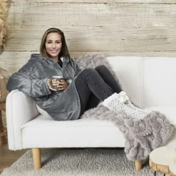 Sale Home Deco Factory Sweat plaid zippé à capuche intérieur Sherpa gris