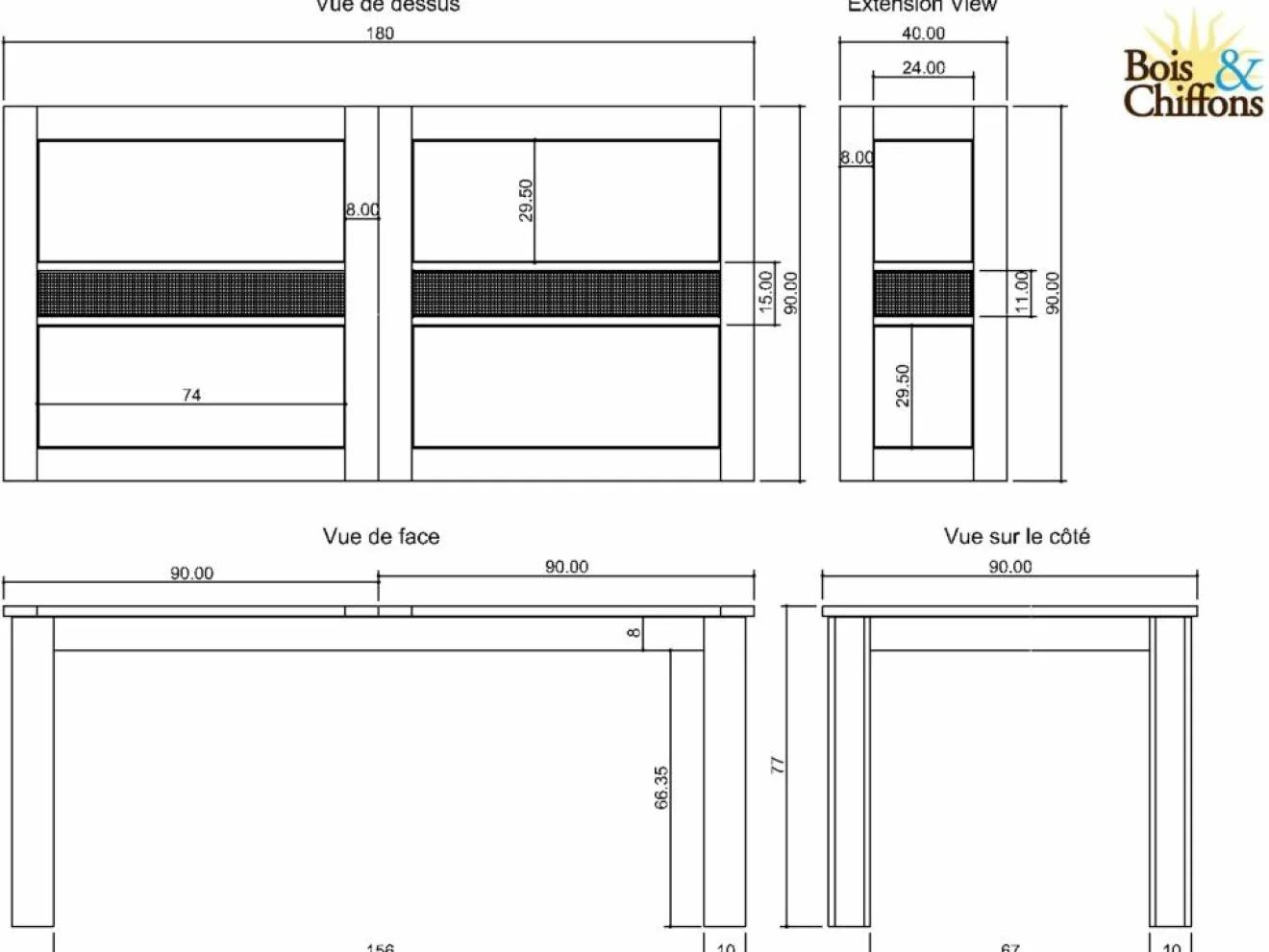 Bois & Chiffons Table à manger plateau cannage 180 rallonge 40 Acacia Tatoo II Beige - 180x90x77 cm
