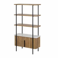 Best Bois & Chiffons Étagère 2 portes plateau marbre blanc Manguier Kfir II Naturel - 95x40x170 cm