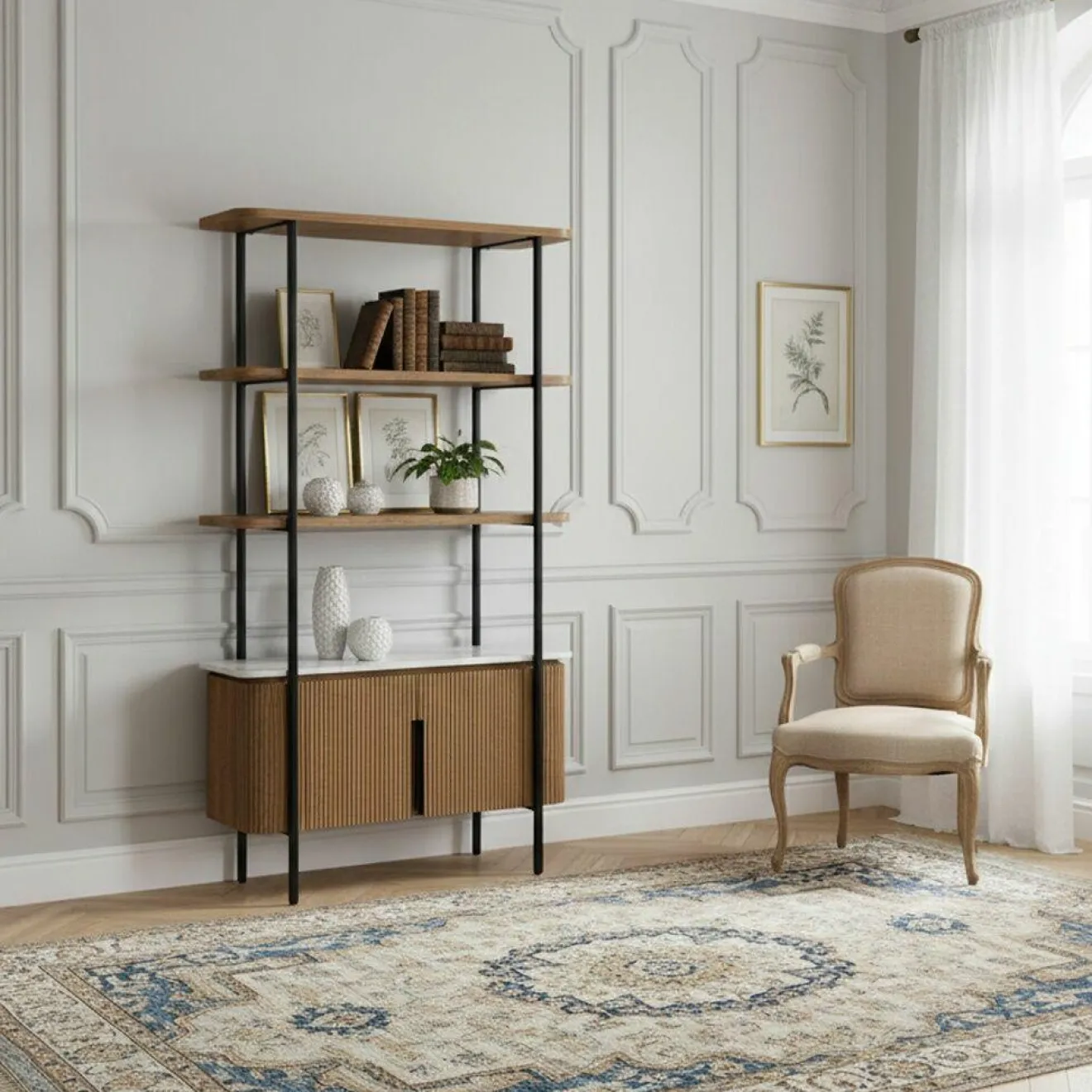 Best Bois & Chiffons Étagère 2 portes plateau marbre blanc Manguier Kfir II Naturel - 95x40x170 cm