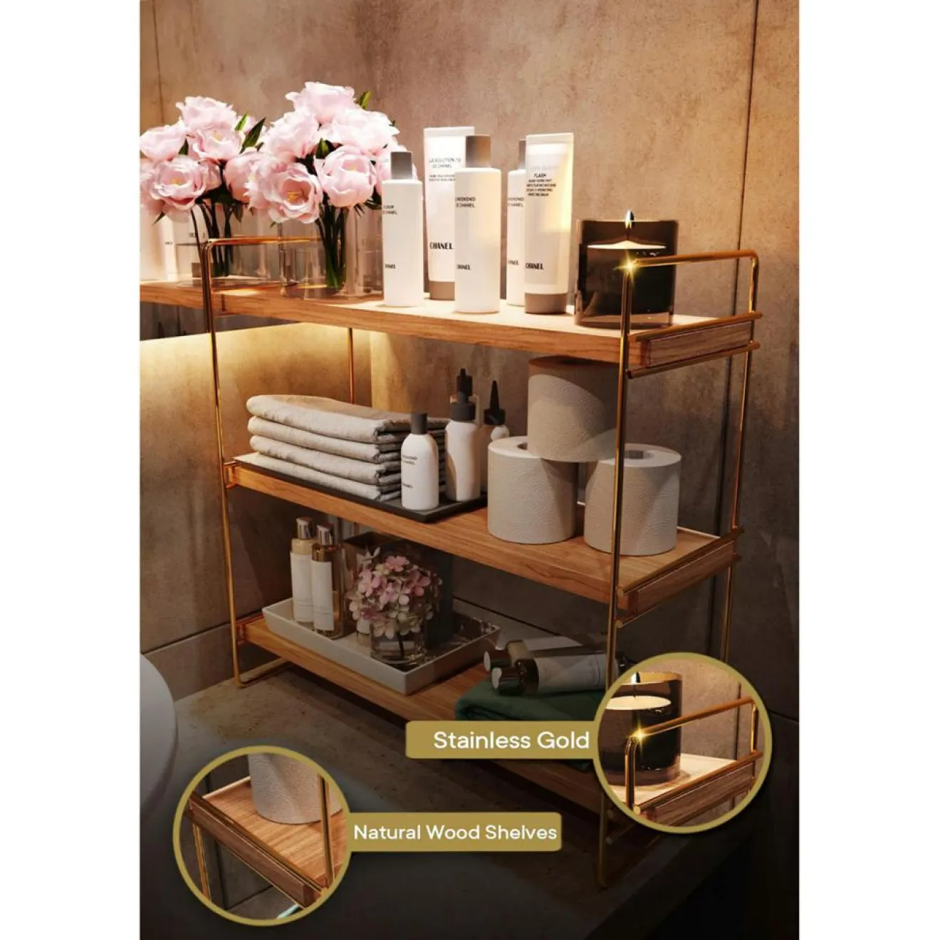 Outlet Wooden Art étagère doré/marron - 45x16x40 cm