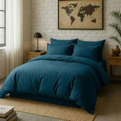 Baton Rouge Taie d'oreiller avec volant en percale de coton lavé bleu imperial